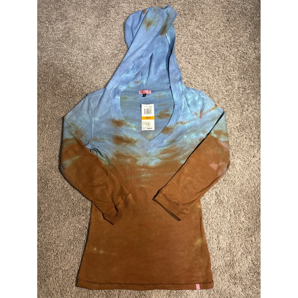 Y2K Marabou Womens Tie Dye Hoodie V-Neck Rhinestone Butterfly Blue Brown Small